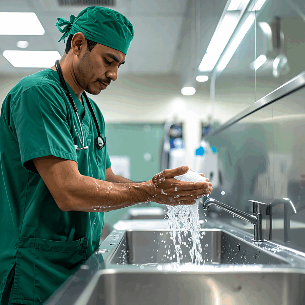 Hospital worker washing hands